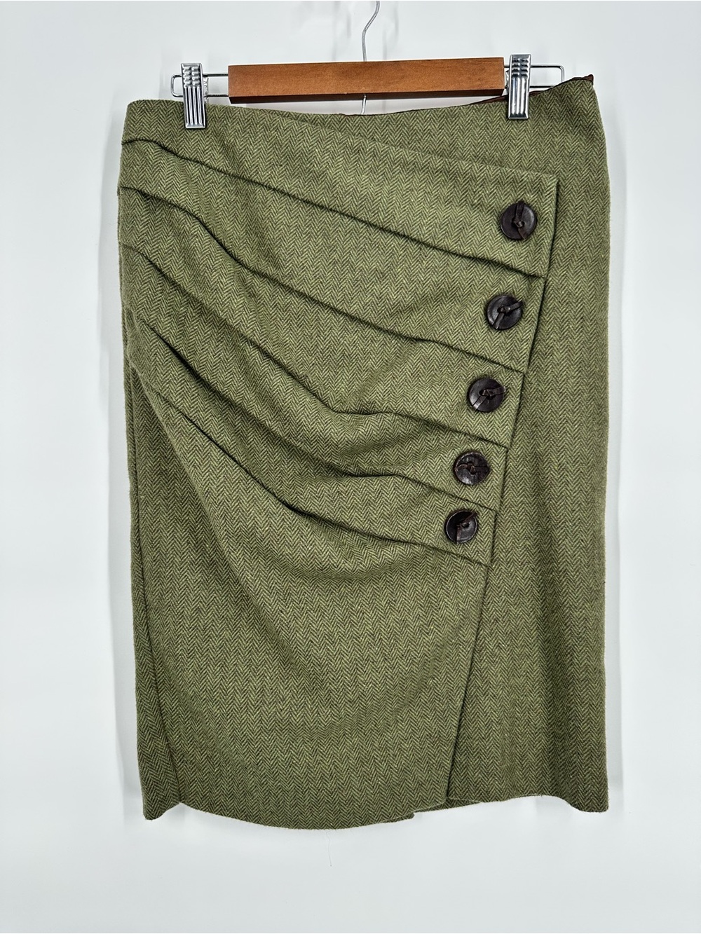 EVA FRANCO Anthropologie Olive Green Herringbone Asymmetrical Midi Pencil Skirt